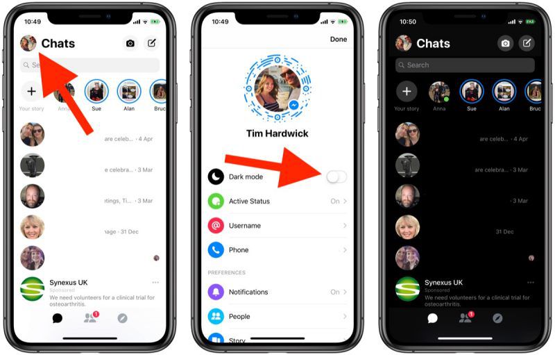how to enable dark mode facebook messenger
